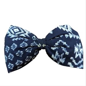 Navy and White Aztec Pattern Fabric Hair Bow Barrette Accessory